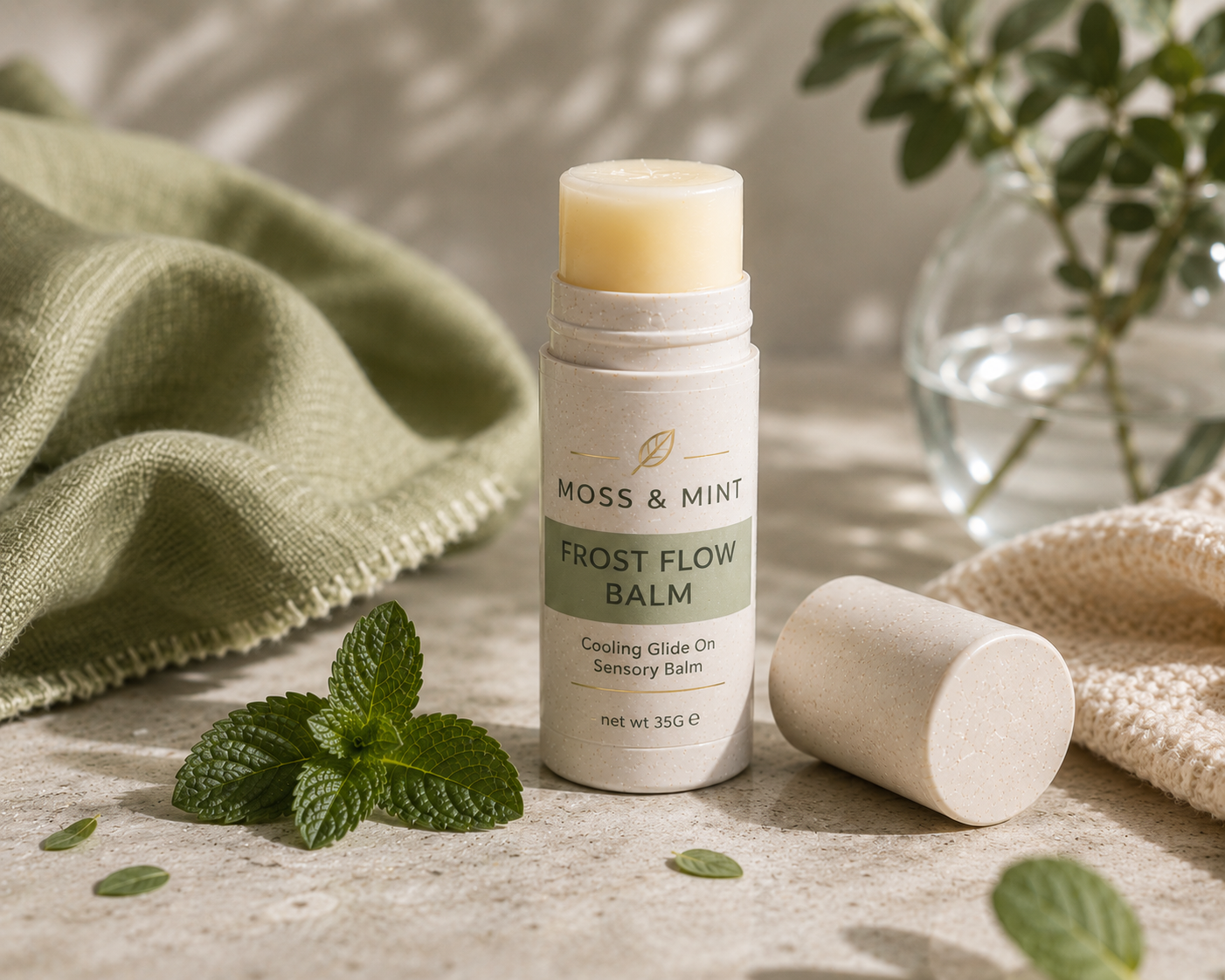 Frost Flow Balm on textured surface with cap off showing cooling balm