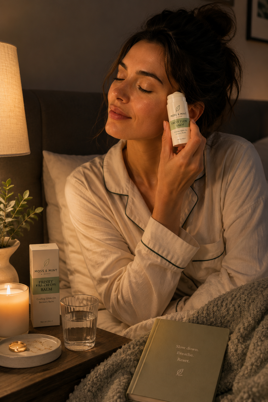 Women in bed with book gliding Frost Flow Balm on to temples as her calming bedtime routine 