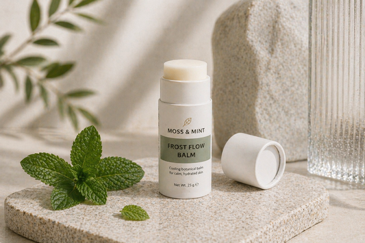 Frost Flow Balm instant sensory reset balm in Moss & Mint Beauty packaging