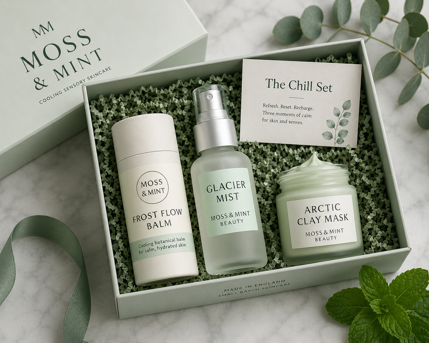 The Chill Set by Moss & Mint Beauty featuring Frost Flow Balm, Glacier Mist and Arctic Clay Mask in a luxury cooling sensory skincare gift box.