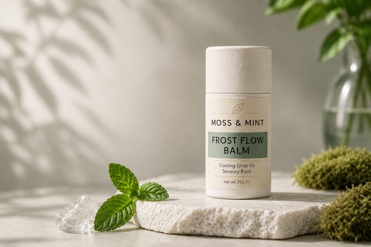 Frost Flow Balm placed on white marble slate with Moss and Mint leaf beside and white back ground
