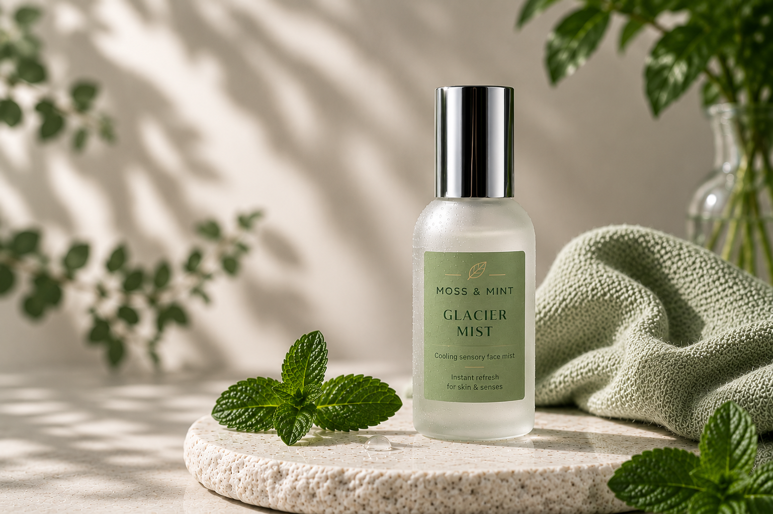 Moss & Mint Glacier Mist cooling sensory face mist with fresh mint leaves on a spa-inspired stone surface.