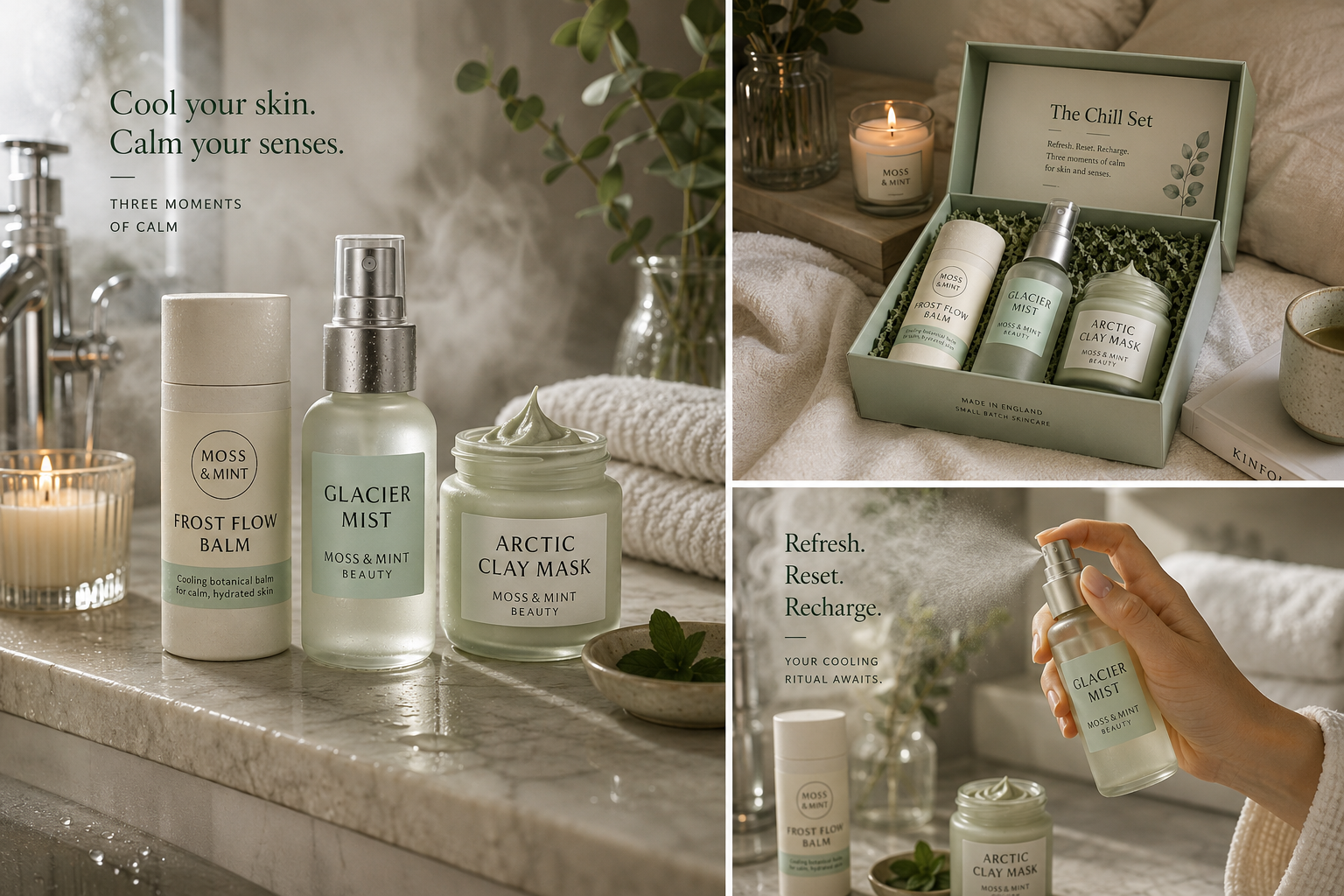 Moss & Mint Beauty cooling sensory skincare lifestyle collage featuring Frost Flow Balm, Glacier Mist, Arctic Clay Mask and The Chill Set gift box in calming spa-inspired scenes.