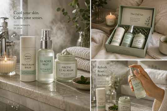 Moss & Mint Beauty cooling sensory skincare lifestyle collage featuring Frost Flow Balm, Glacier Mist, Arctic Clay Mask and The Chill Set gift box in calming spa-inspired scenes.