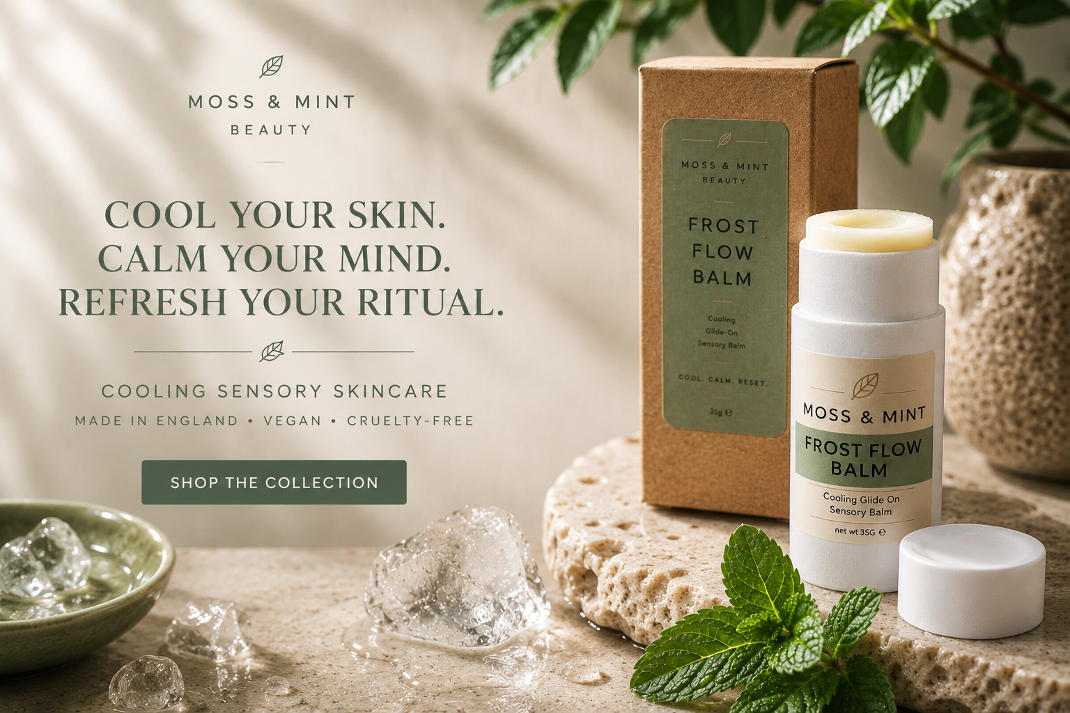 Moss & Mint Beauty cooling sensory skincare featuring Frost Flow Balm, ice and fresh mint