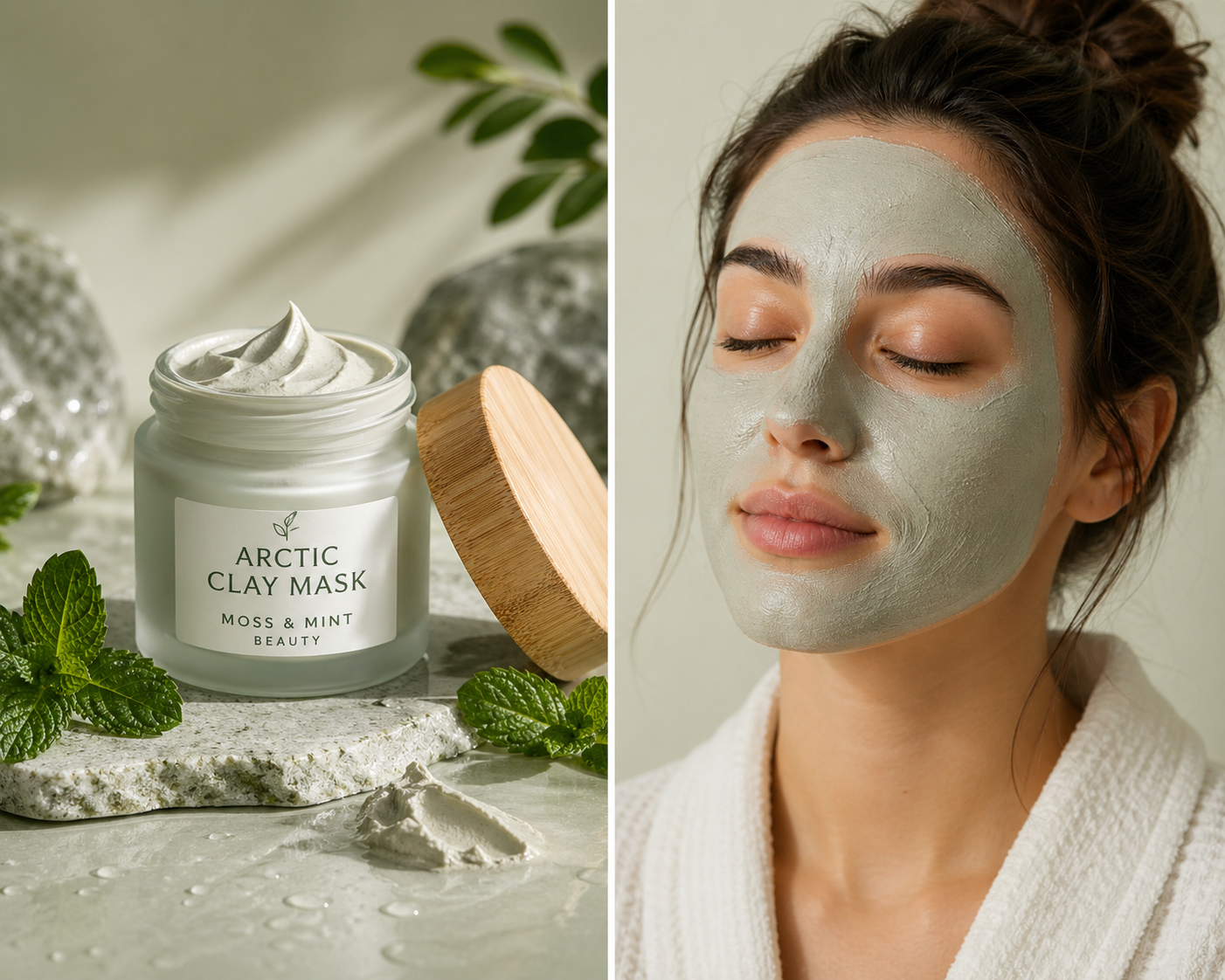 Product jar
Moss & Mint Arctic Clay Mask with sea kelp in glass jar on sage background
Texture shot
Arctic Clay Mask creamy texture with mineral-rich clay blend
Model wearing mask
Woman wearing Arctic Clay Mask for cooling spa-style skincare