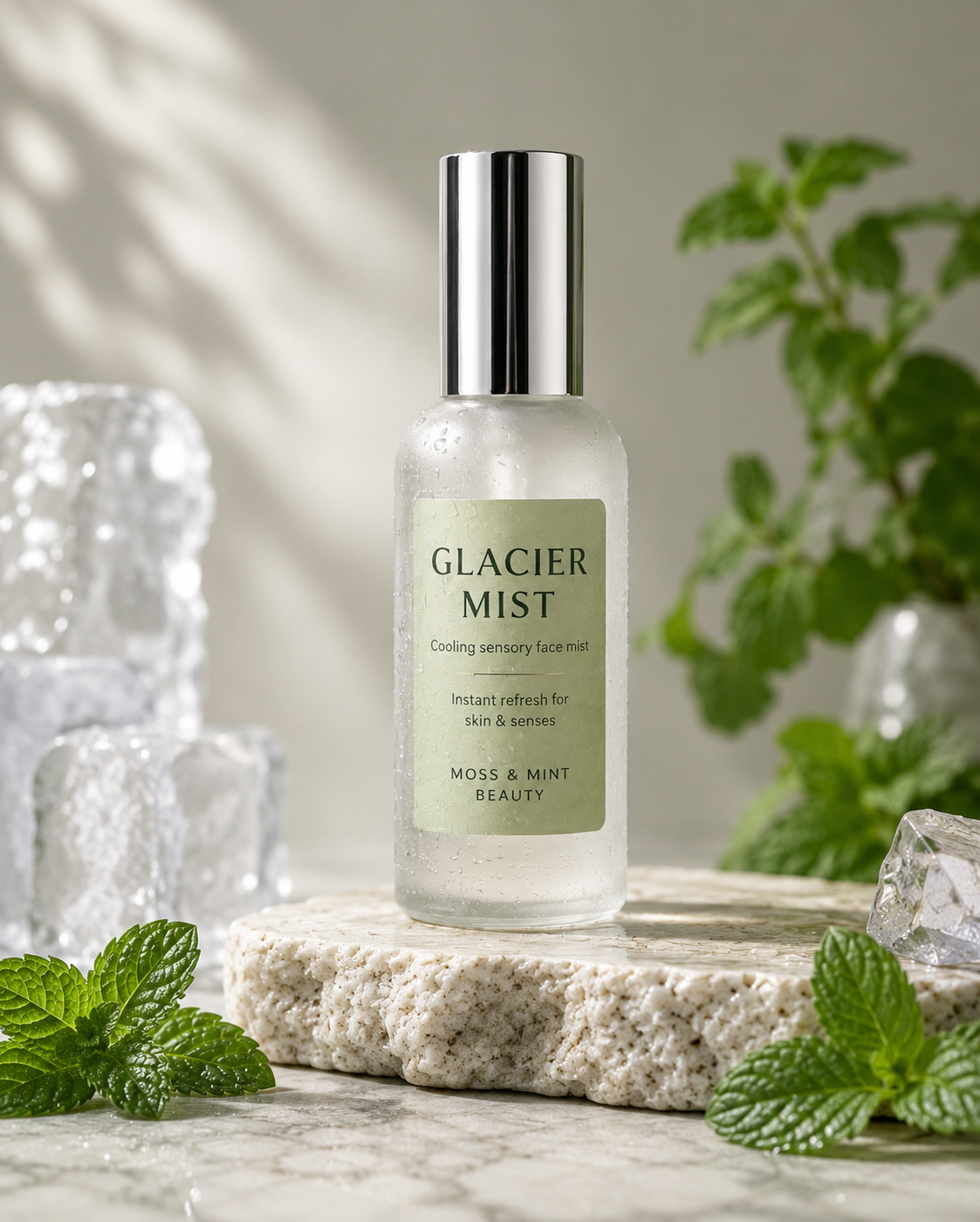 Moss & Mint Glacier Mist cooling sensory face mist in a spa-inspired setting with mint leaves, soft ice elements, and frosted glass packaging.