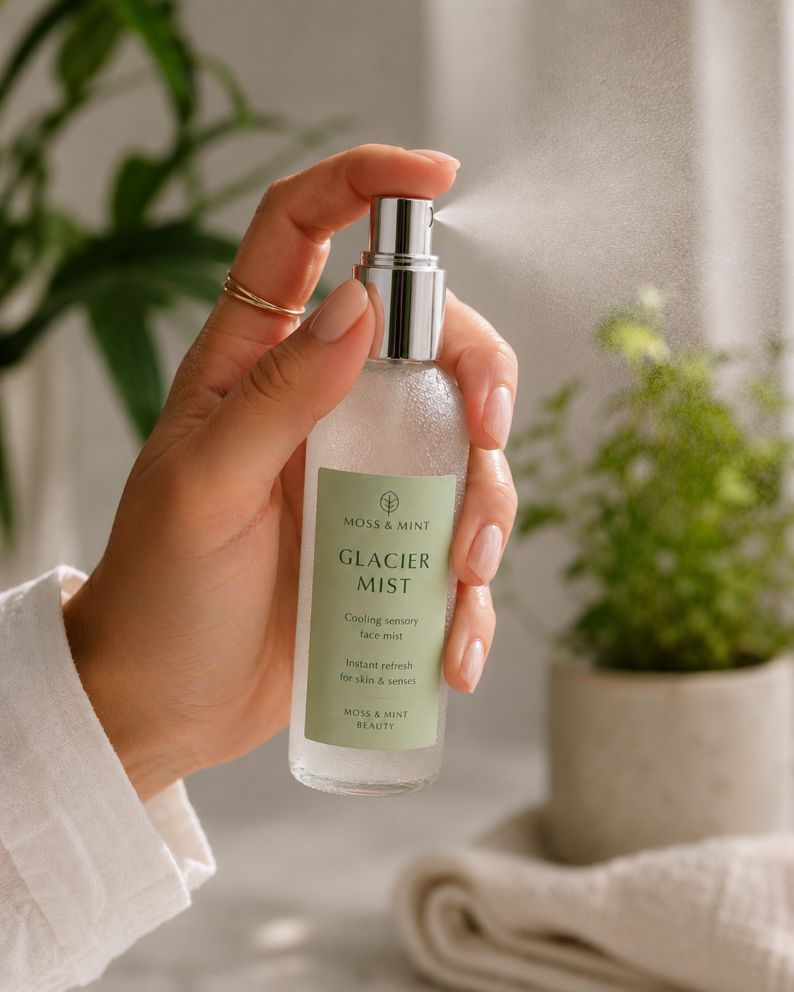 Close-up of hand spraying Moss & Mint Glacier Mist cooling sensory face mist with fine mist spray in a calm spa-inspired skincare scene.